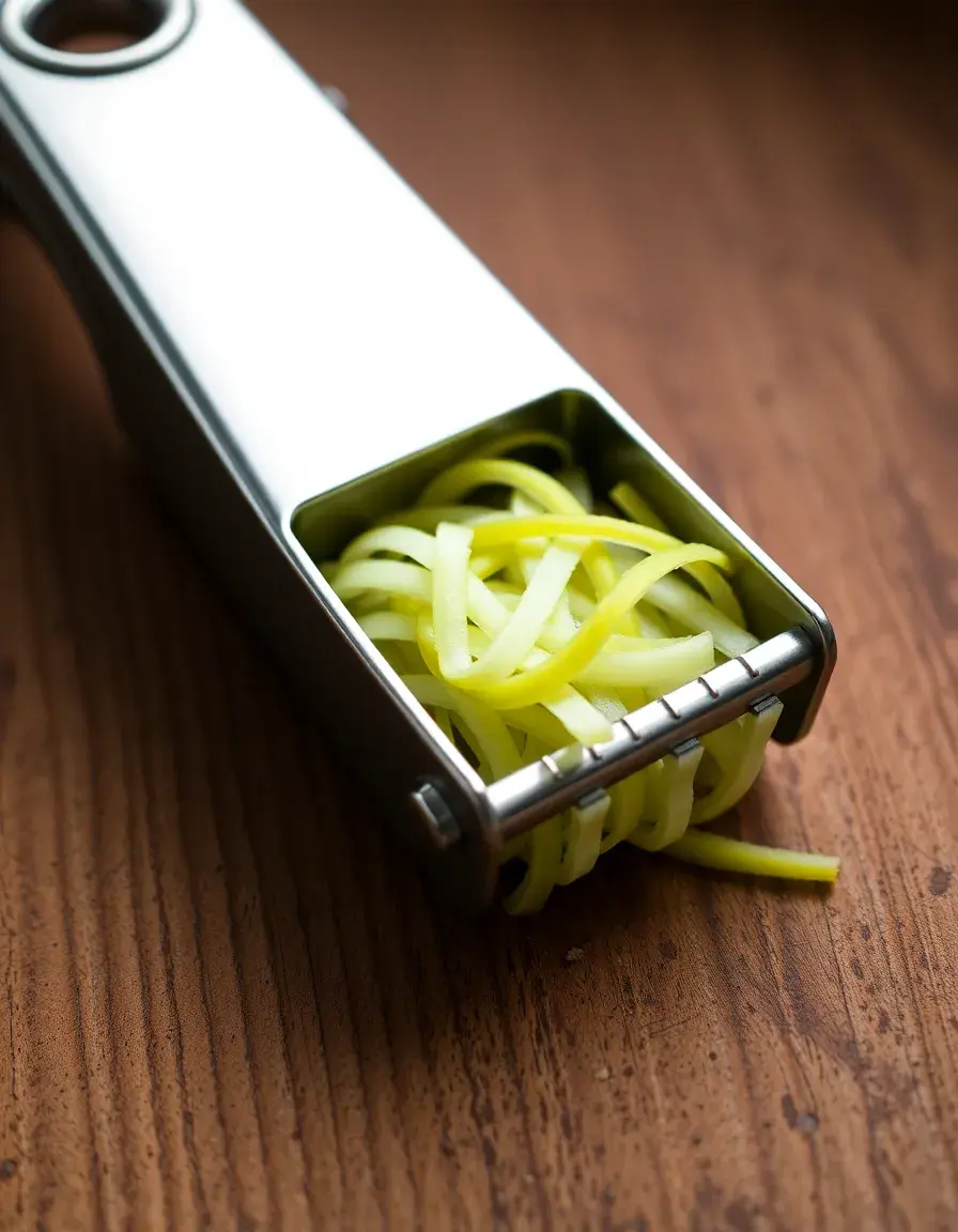 Éplucheur julienne en acier inoxydable sur planche en bois