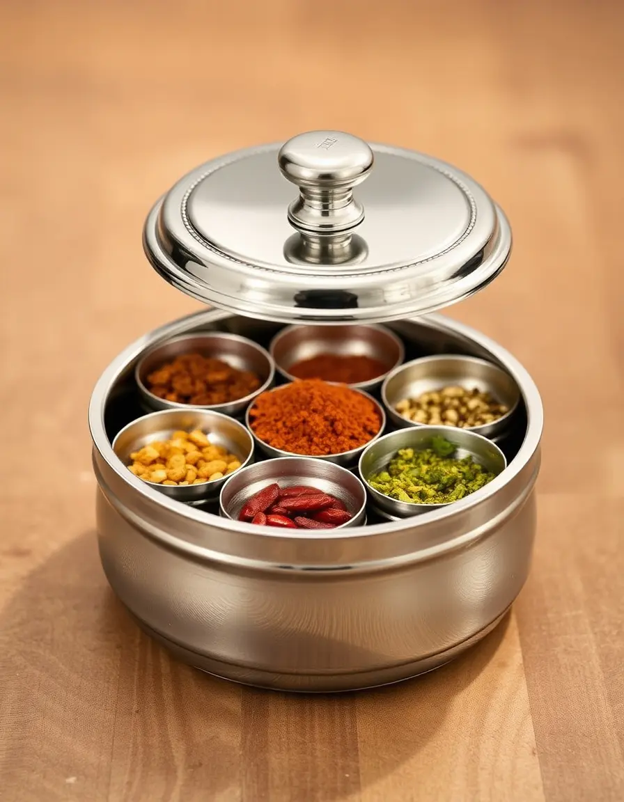 Masala Dabba Spice Box en acier inoxydable avec sept compartiments