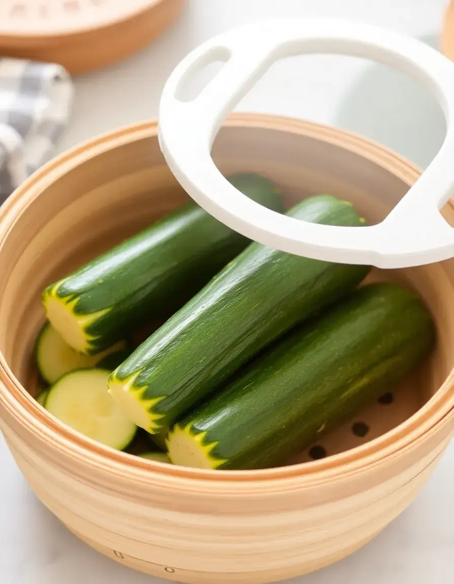 Panier vapeur pliable en inox avec morceaux de courgettes