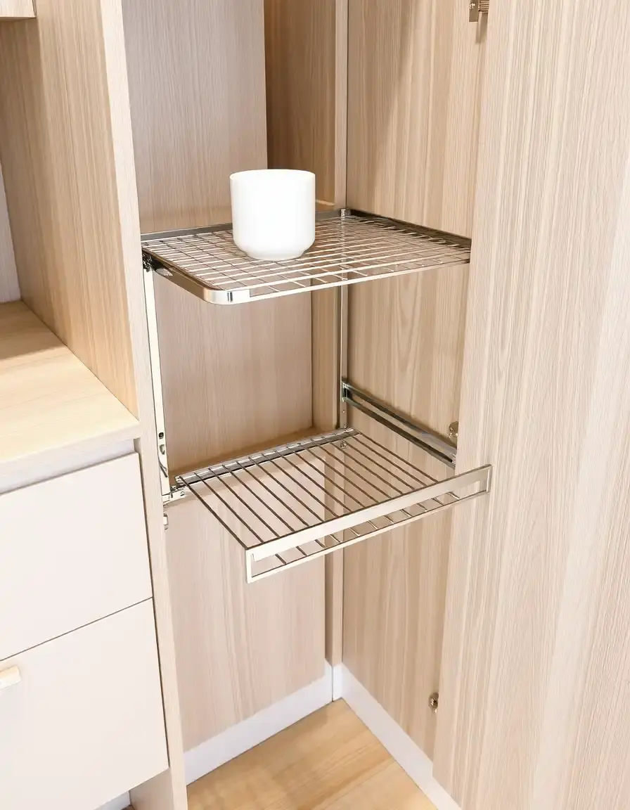 Organisateur de tablette coulissante en chrome pour meuble colonne cuisine