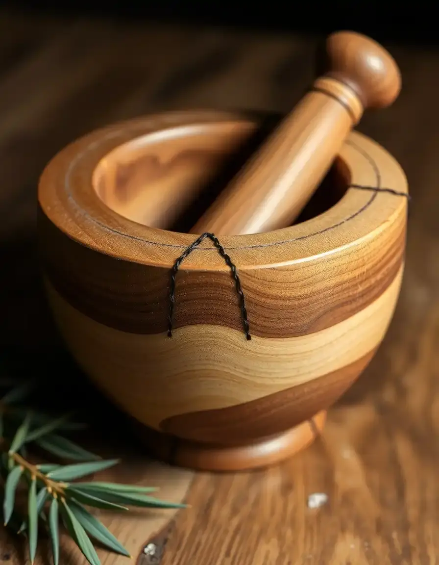 Mortier en bois d'olivier avec son pilon assorti