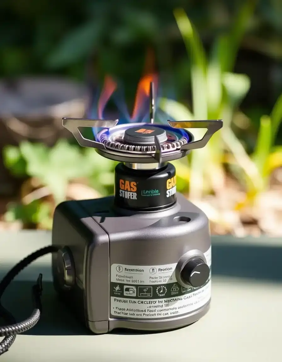 Réchaud de camping compact à gaz sur une table en bois