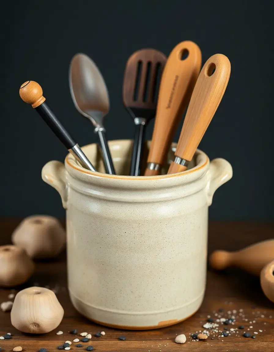 Pot à ustensiles en céramique noire contenant des outils de cuisine