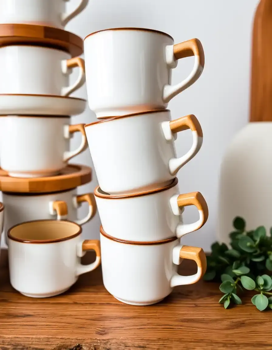 Ensemble de tasses en céramique blanche avec anses en bois empilées