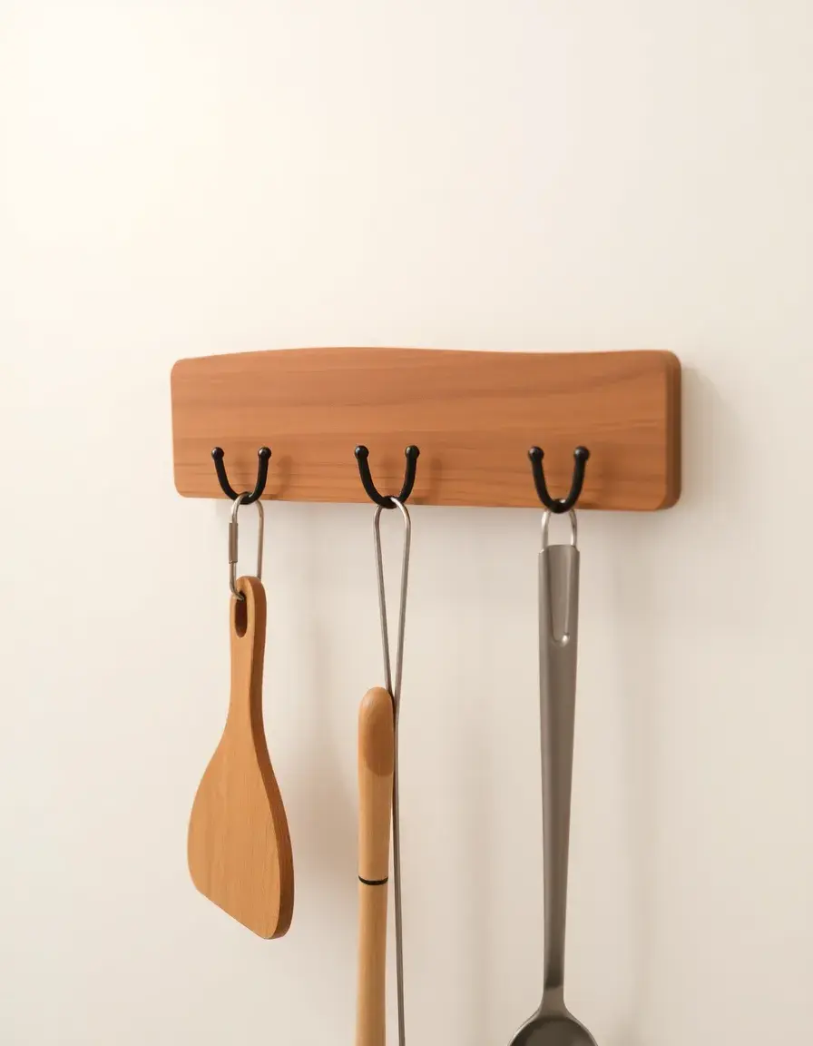 Support mural en bois avec crochets pour ustensiles de cuisine