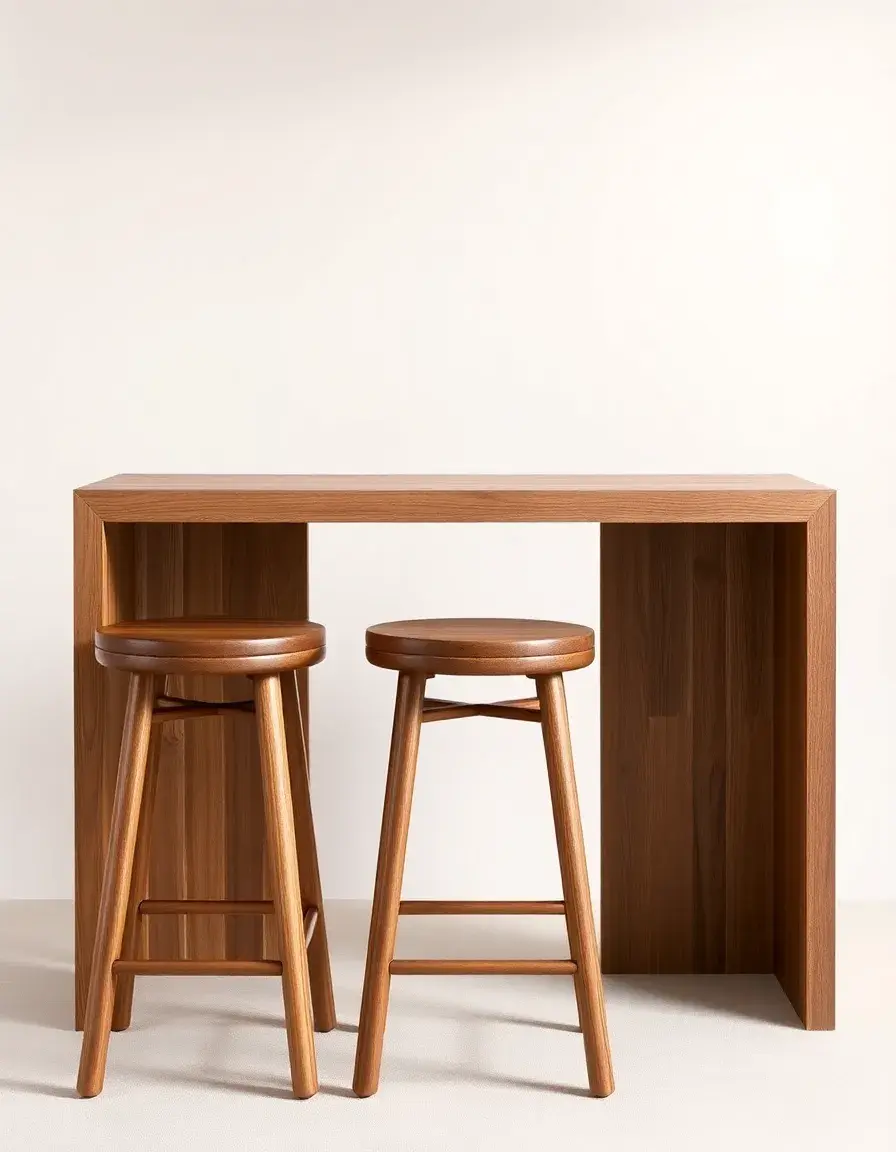 Table bar cuisine moderne en bois avec deux tabourets style minimaliste
