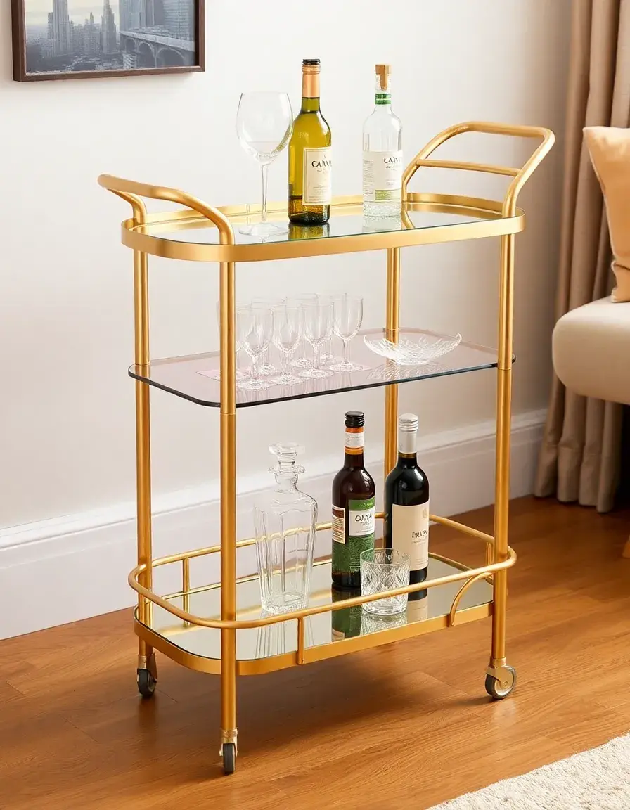 Desserte de bar dorée à roulettes pour bouteilles et verres