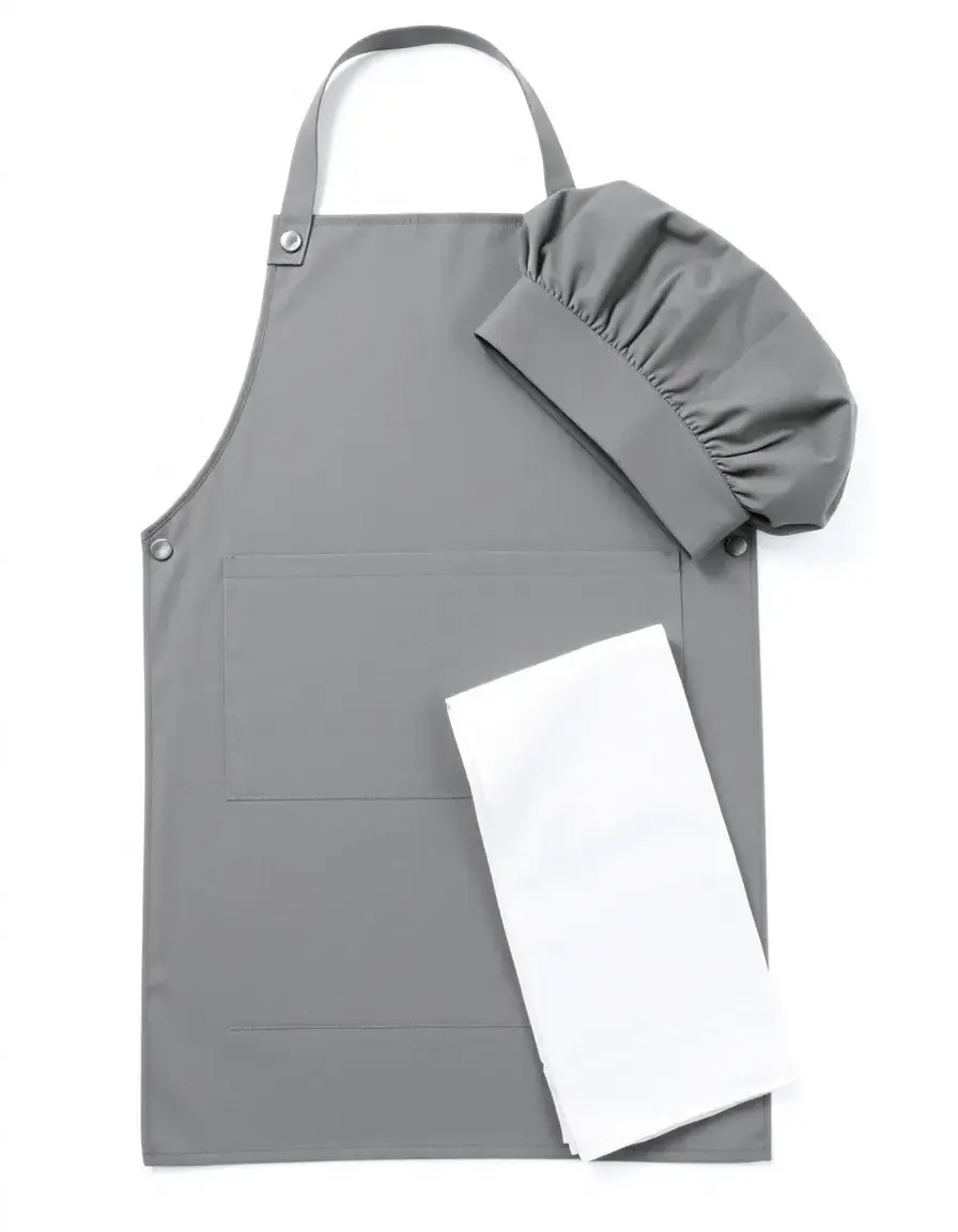 Set tablier de chef professionnel gris avec toque et torchon