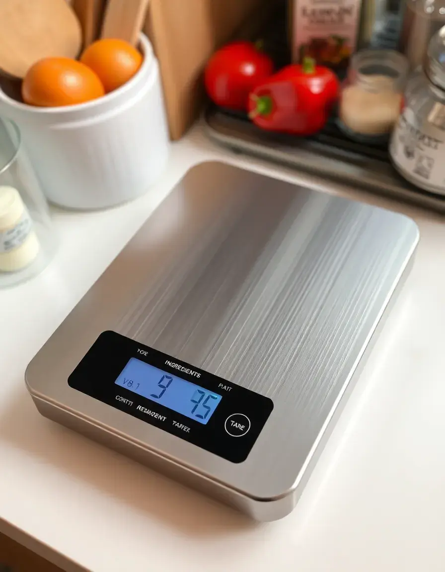 Balance de cuisine numérique intelligente posée sur un comptoir avec ingrédients, tendance cuisine 2025