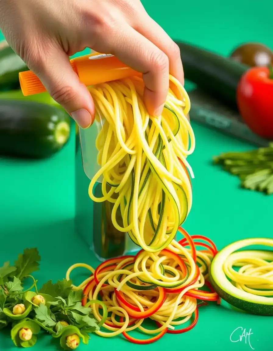 Spiraliseur de légumes manuel créant des nouilles de courgettes colorées