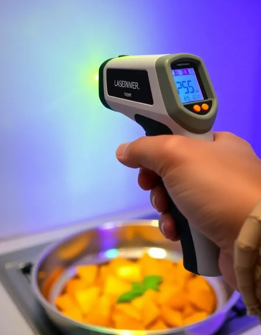 Thermomètre infrarouge laser pointé vers une poêle chaude