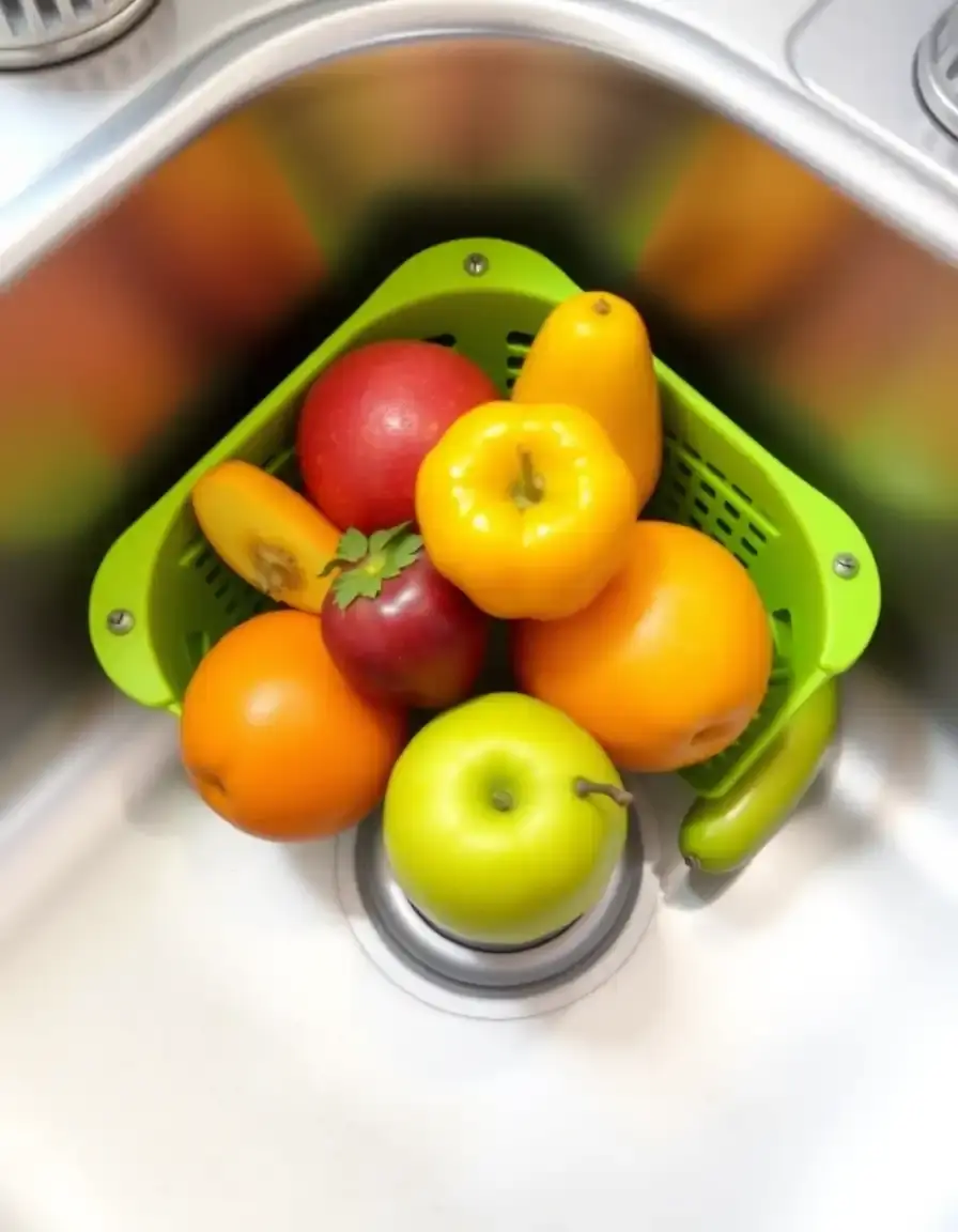 Panier d'angle pour évier avec ventouses pour fruits et légumes