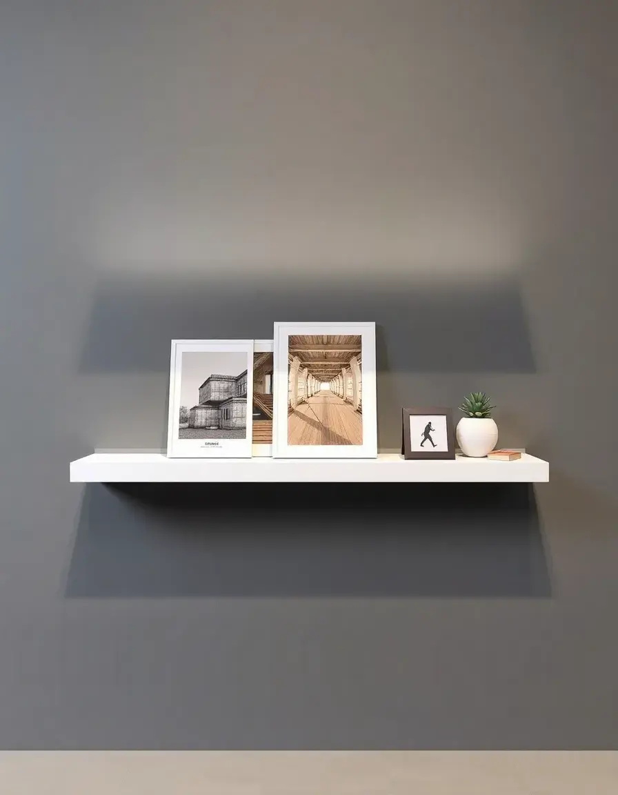 Étagère flottante blanche présentant plusieurs cadres et affiches