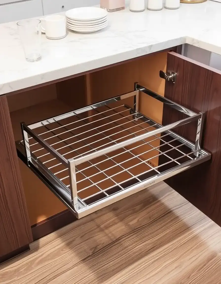 Étagère coulissante en chrome pour placard de cuisine