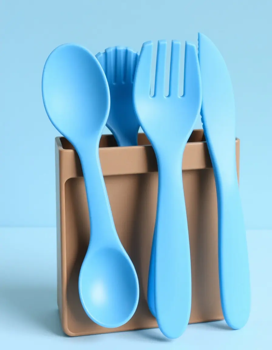 Set de 6 ustensiles de cuisine bleus en nylon avec support