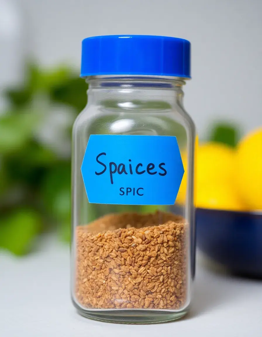 Pot à épices en verre avec couvercle bleu et étiquette