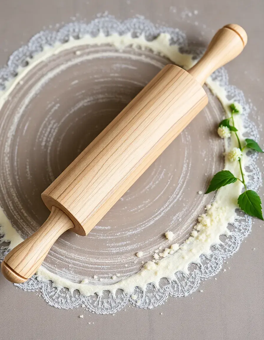 Rouleau à pâtisserie français en bois fuselé posé sur de la farine