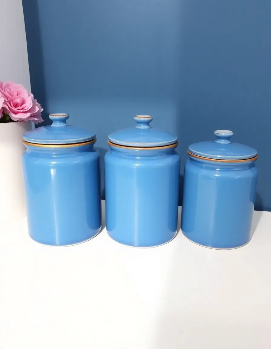 Ensemble de 3 bocaux de conservation en céramique bleue