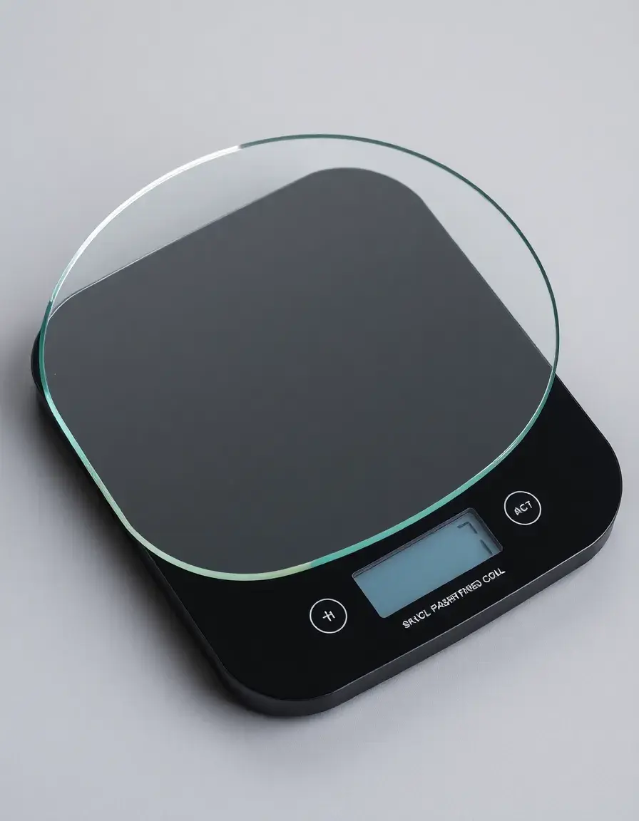 Balance de cuisine digitale avec plateau en verre sur plan de travail