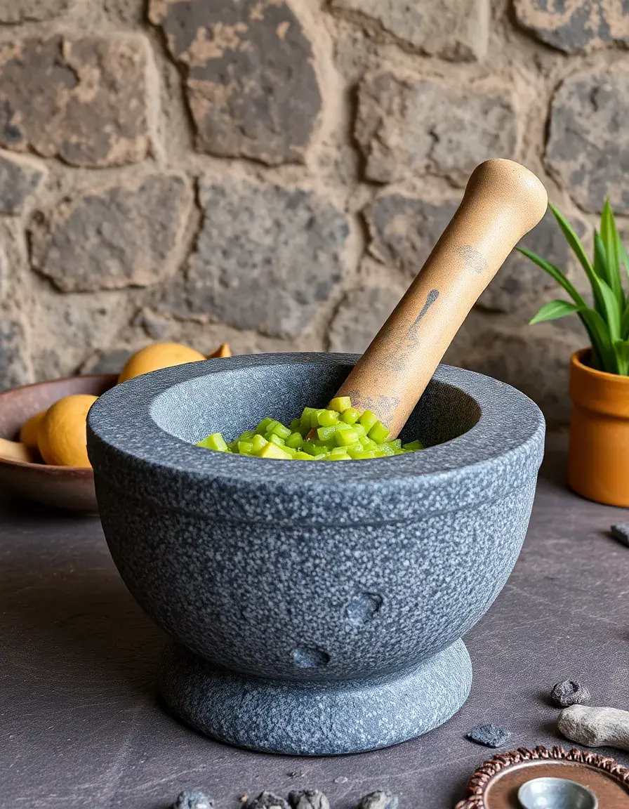 Molcajete traditionnel en pierre volcanique avec pilon