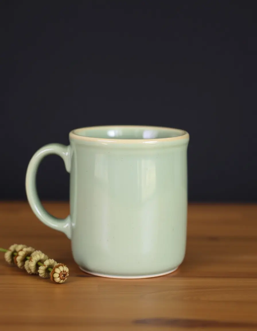 Mug en céramique vert sauge avec anse sur une table en bois