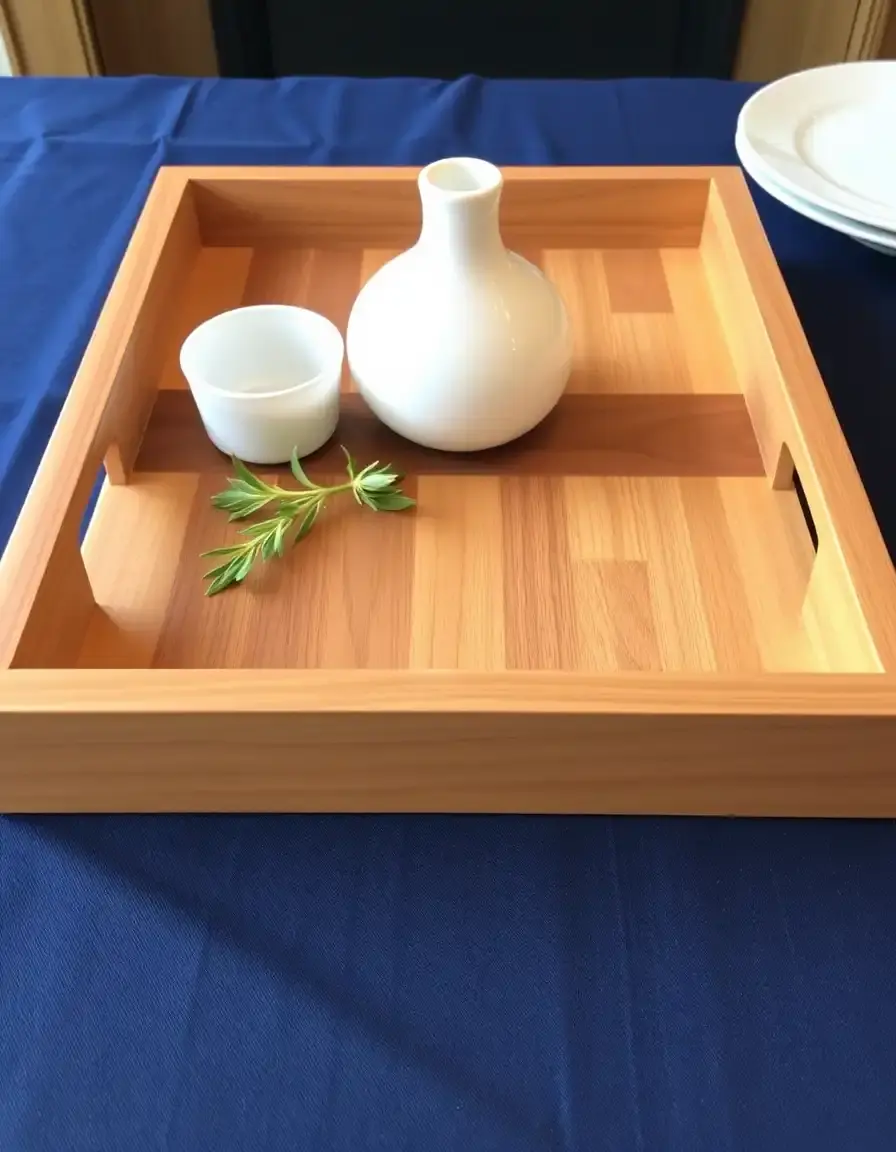 Plateau de service en bois rectangulaire avec poignées