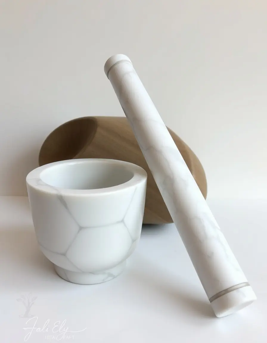 Mortier et pilon en marbre blanc poli