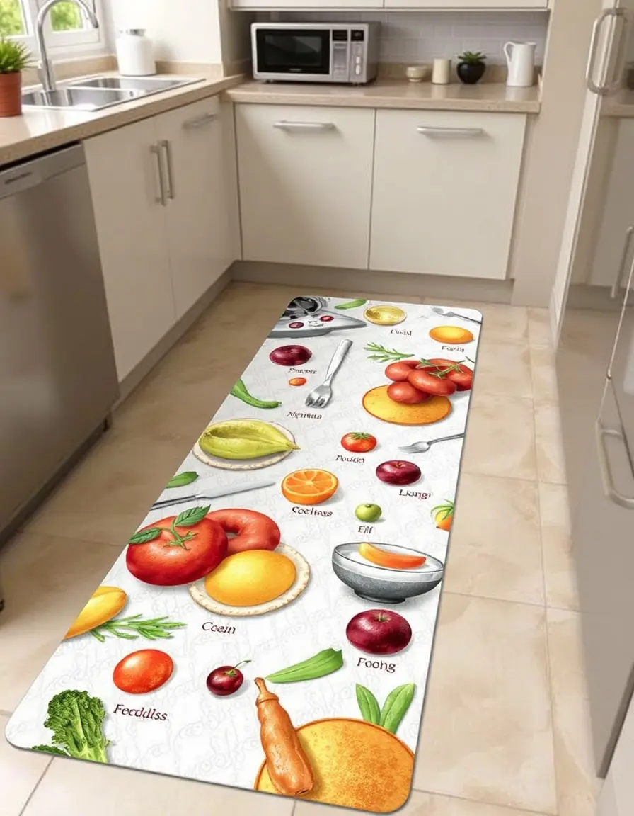 Grand tapis vinyle runner pour couloir de cuisine avec motifs food