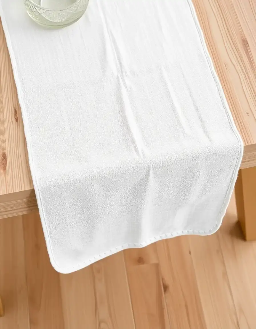 Chemin de table en lin de couleur neutre sur une table de cuisine