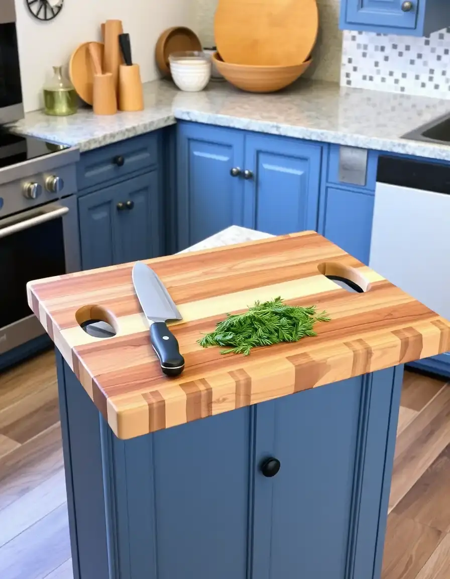 Planche à découper en bois pour îlot central cuisine avec poignées