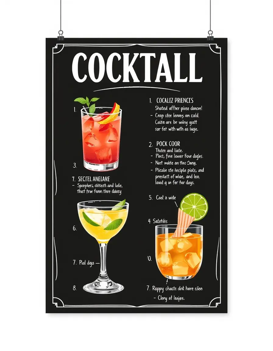 Lot d'affiches recettes de cocktails illustrées