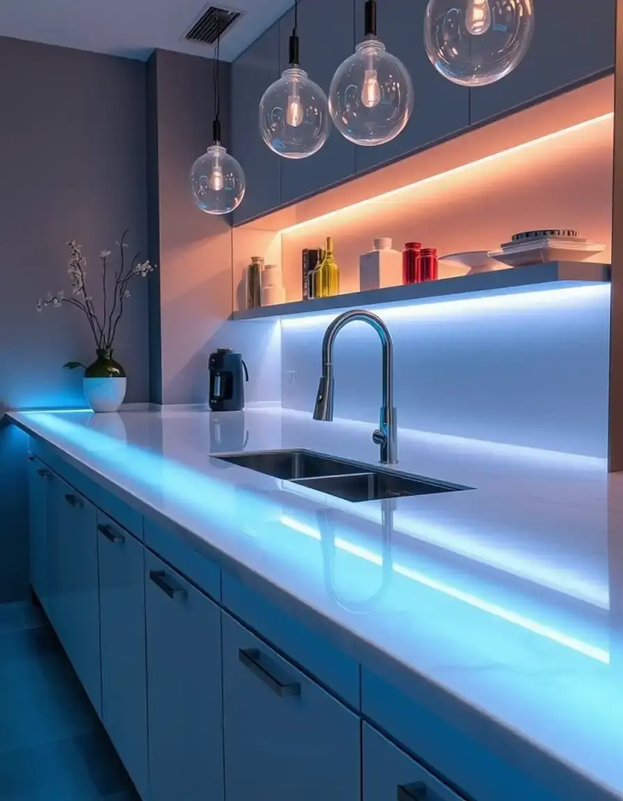 Ruban LED moderne sous plan de travail cuisine ilot central moderne