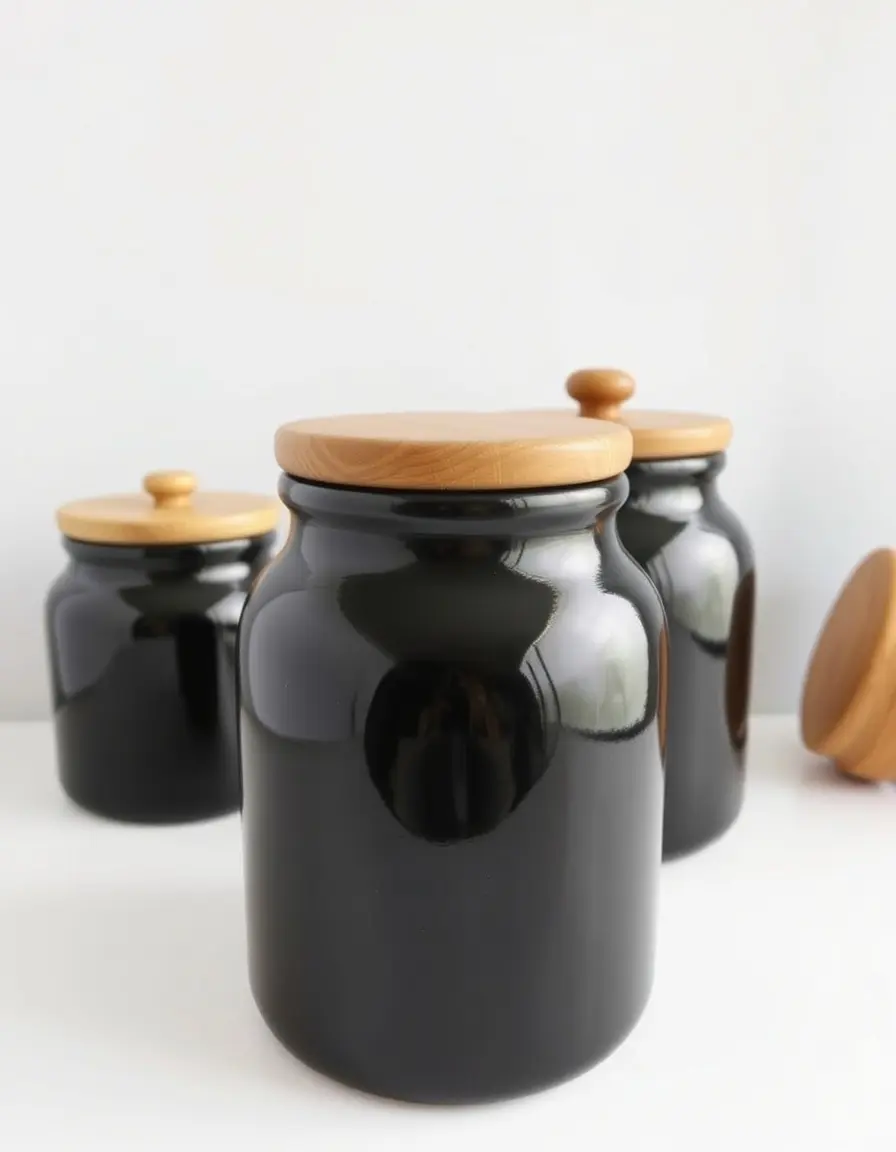 Ensemble de bocaux en céramique noire avec couvercles en bois