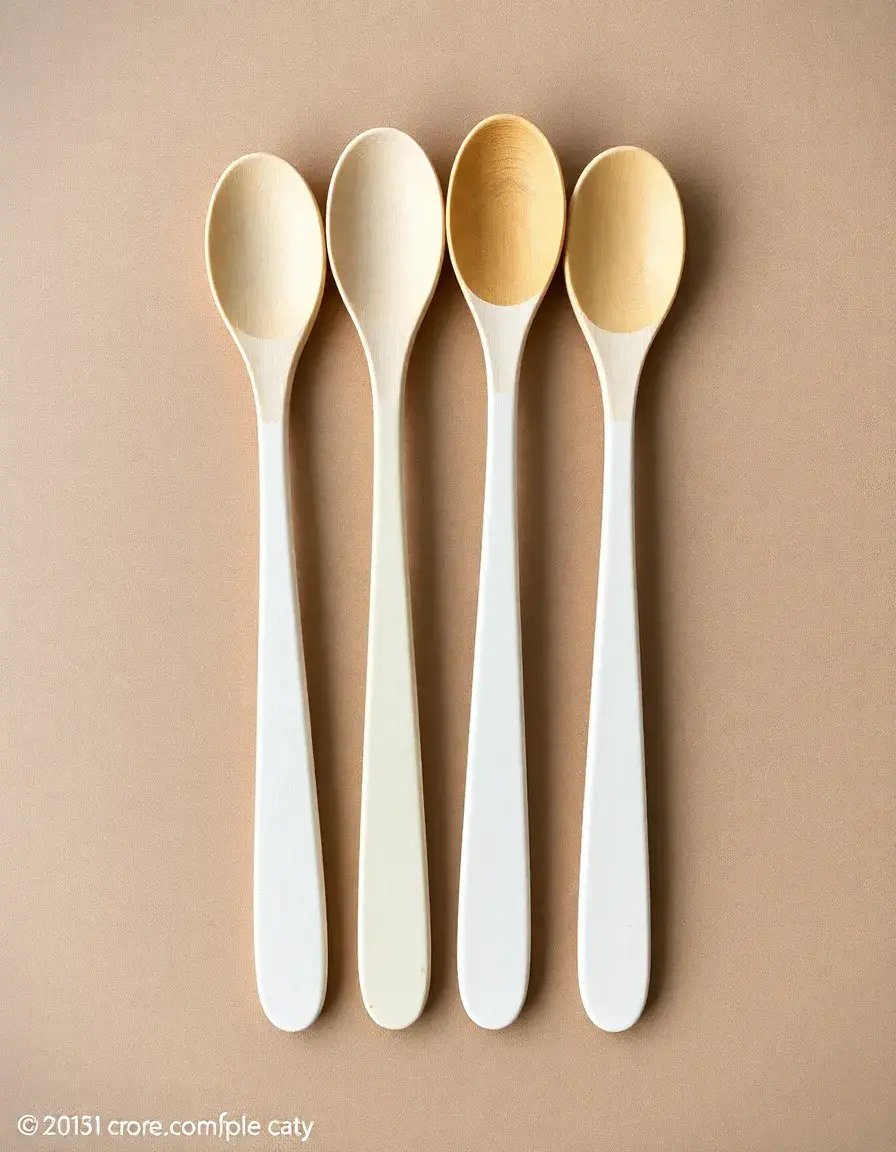 Set de cuillères en bois peint en blanc sur un comptoir de cuisine