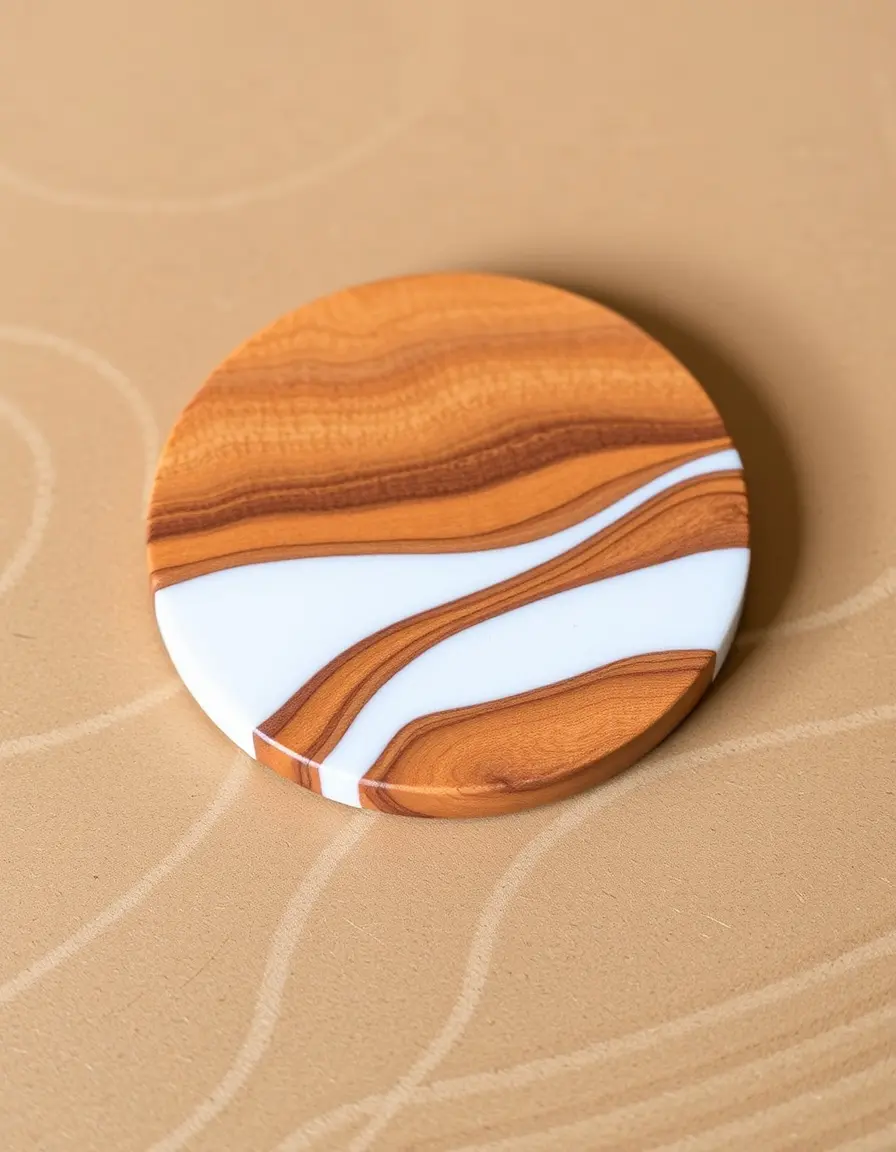 Dessous de verre en bois avec incrustation géométrique blanche