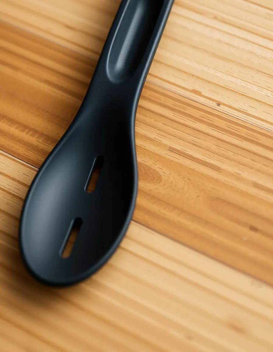 Spatule tourneuse en nylon noir à fentes sur table en bois