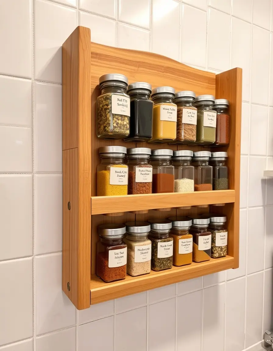Étagère à épices murale en bois avec bocaux en verre