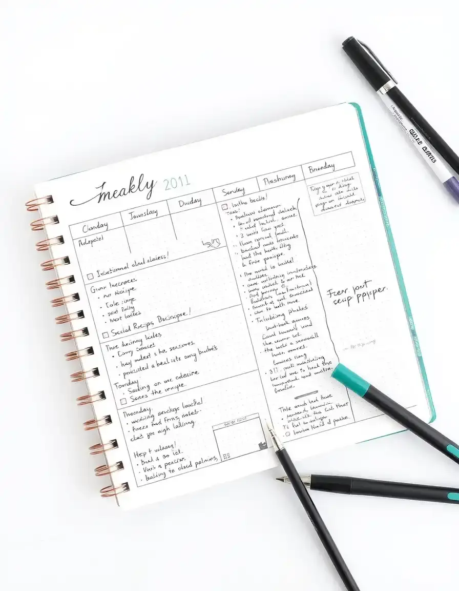 Carnet de planification de menus hebdomadaires avec stylos.
