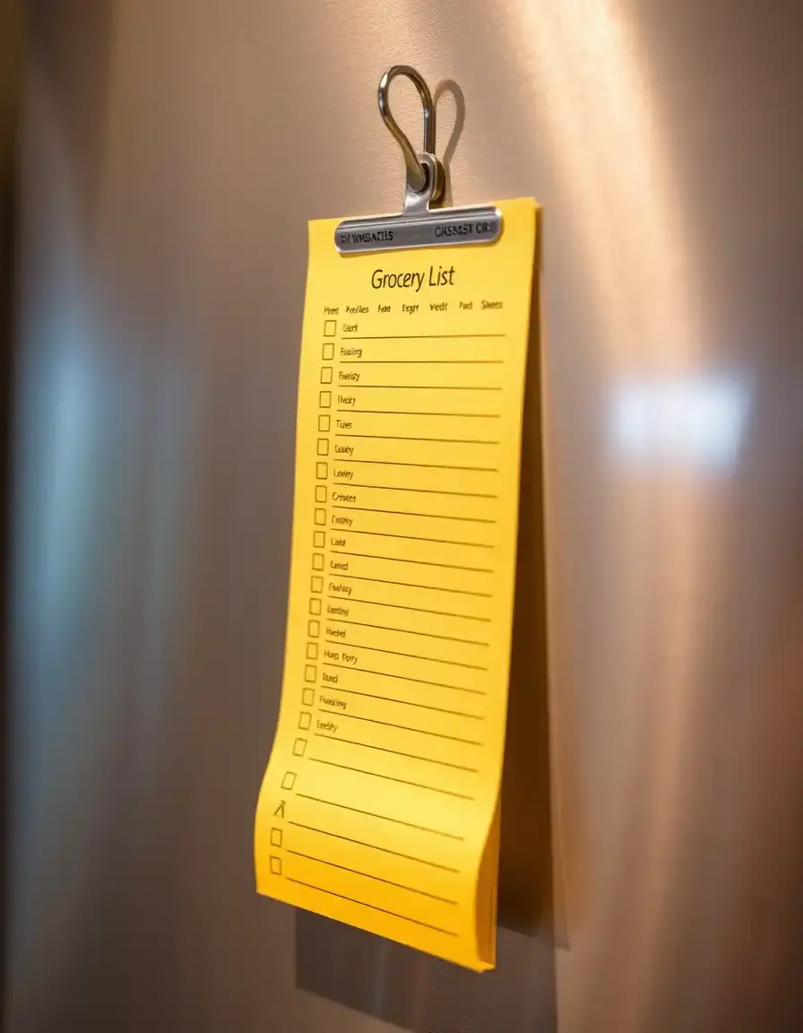 Bloc-notes magnétique pour liste de courses sur un frigo.