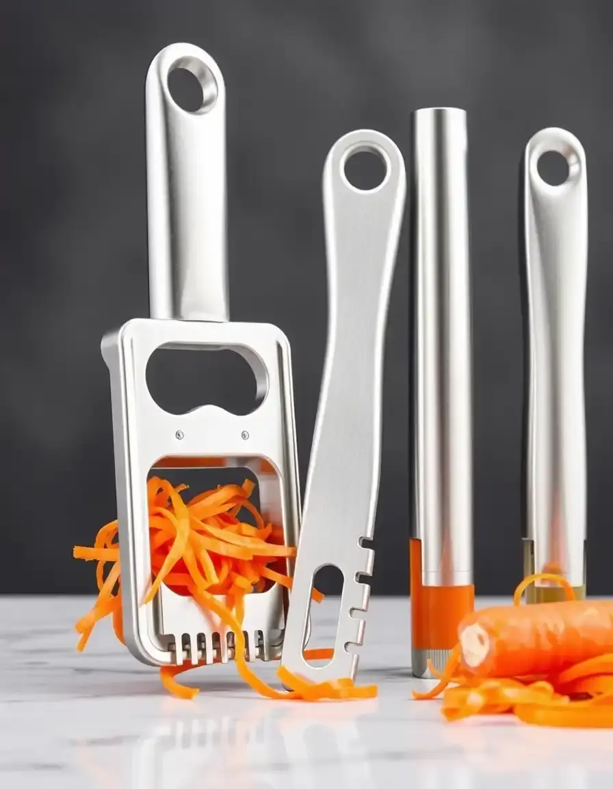 Set d'éplucheurs à légumes en acier inoxydable.