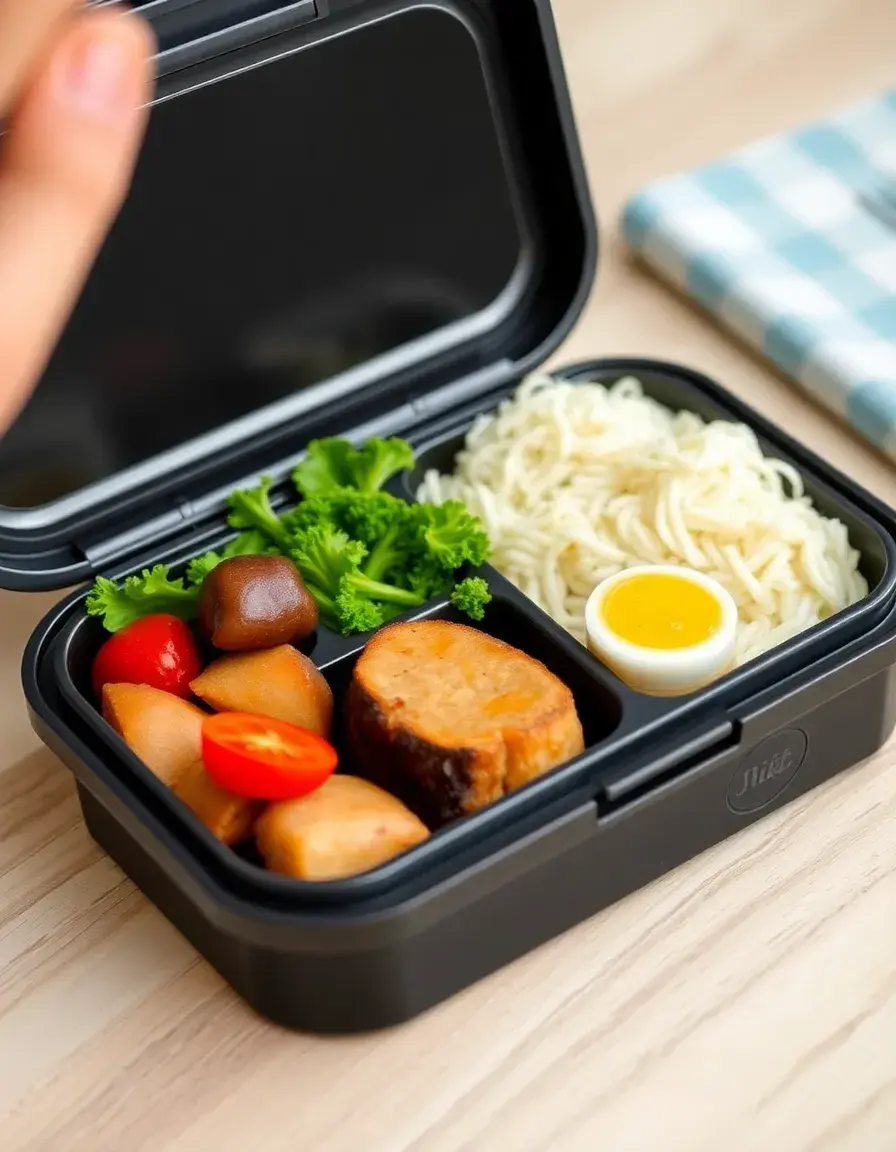 Boîte à lunch Bento compartimentée sur une table.