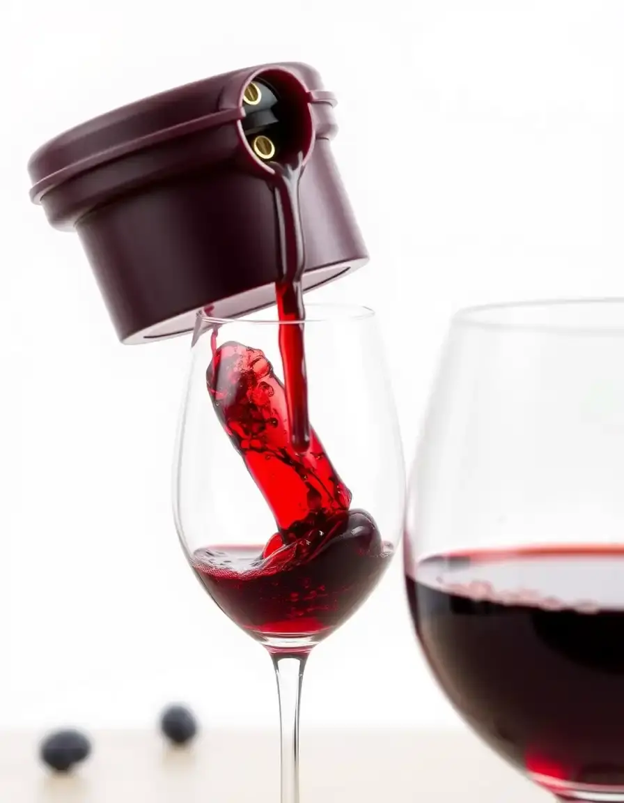 Aérateur de vin en cours d'utilisation versant du vin rouge