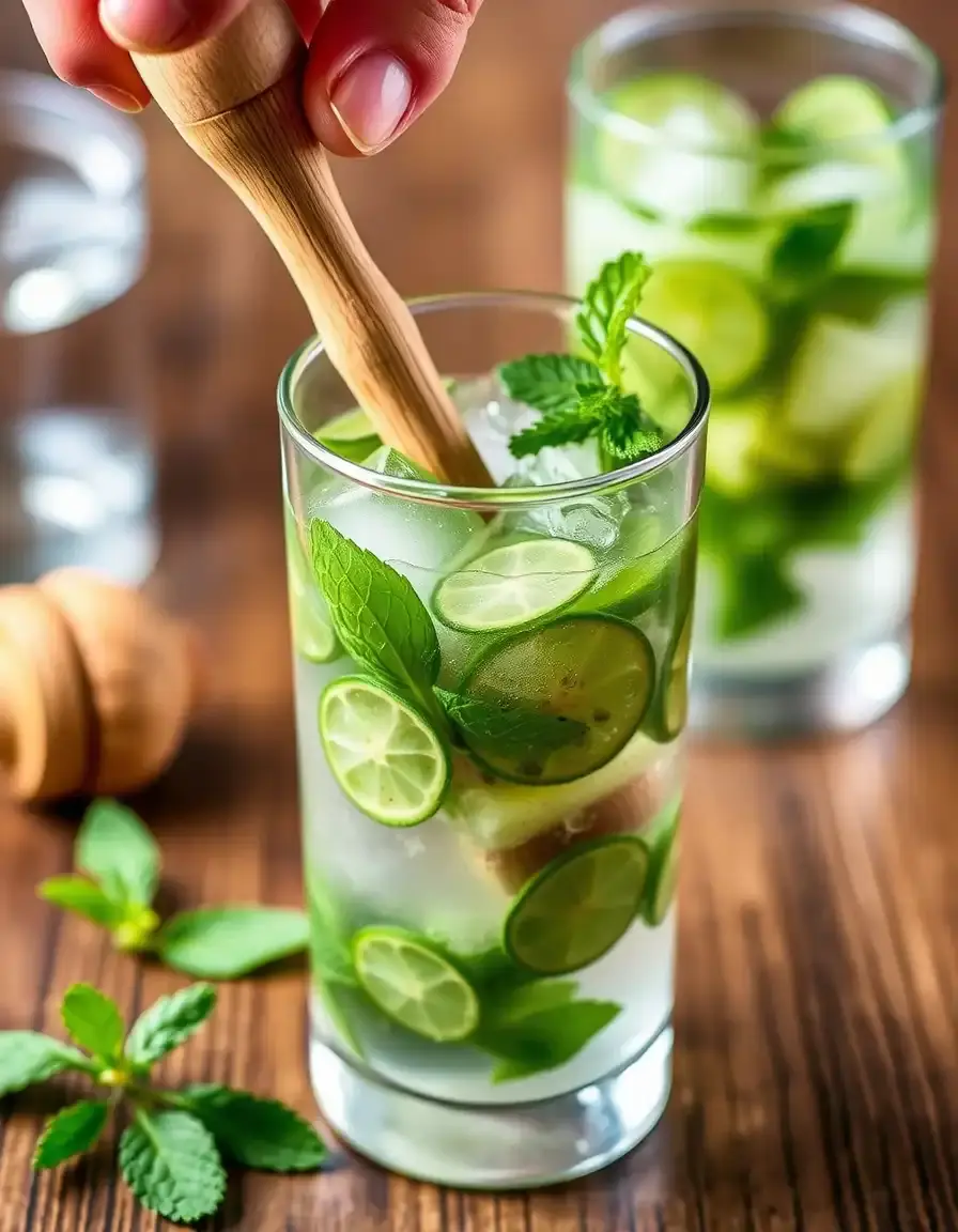 Pilon en bois écrasant de la menthe fraîche pour un mojito
