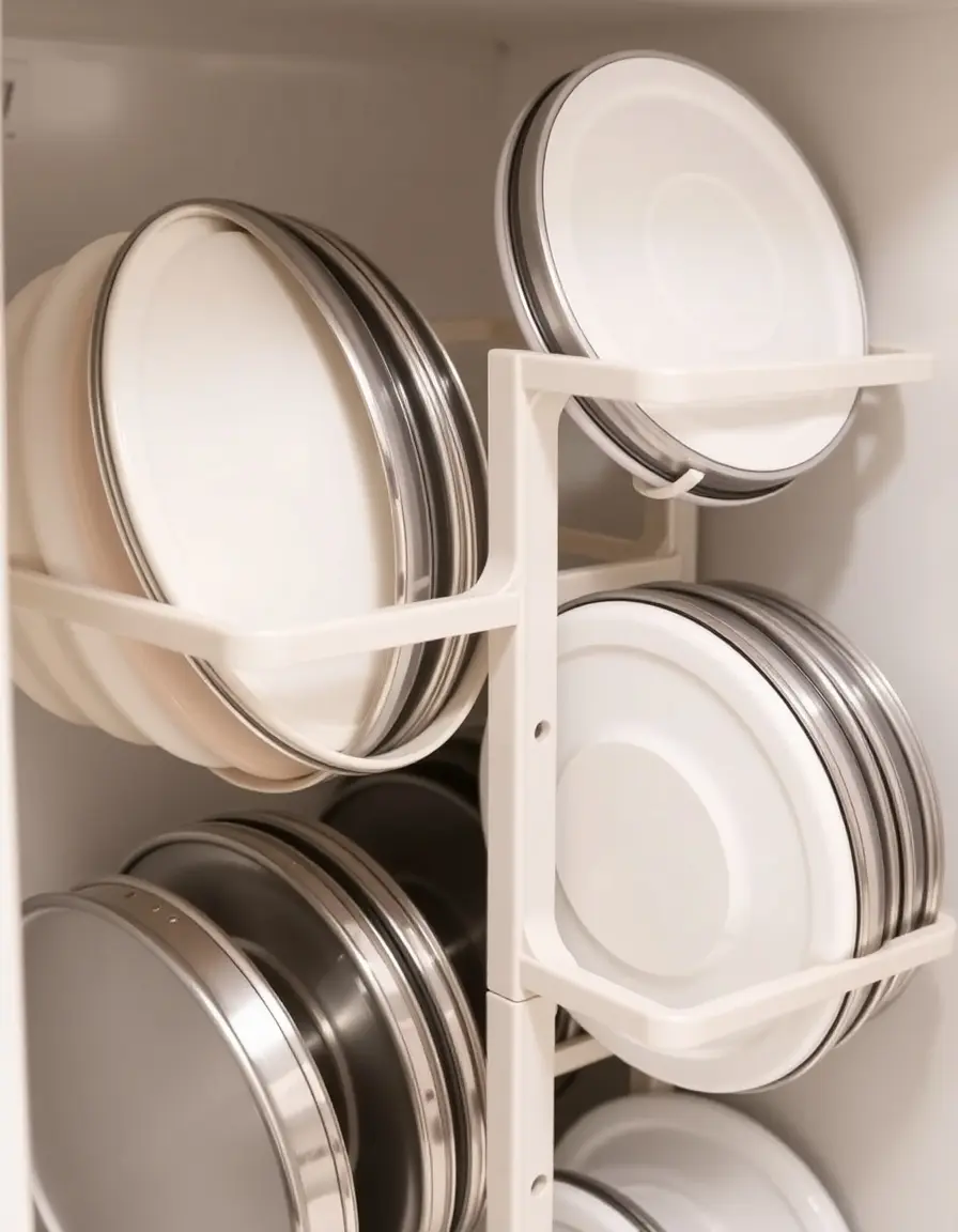 Organisateur de couvercles dans un placard de cuisine