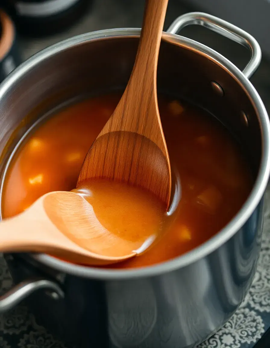 Cuillère de cuisine en bois remuant une soupe dans une marmite