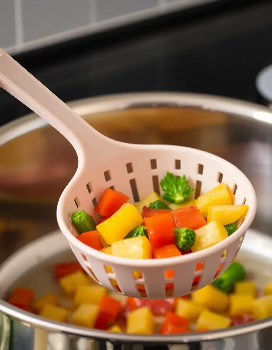Cuillère ajourée en silicone résistant à la chaleur égouttant des légumes