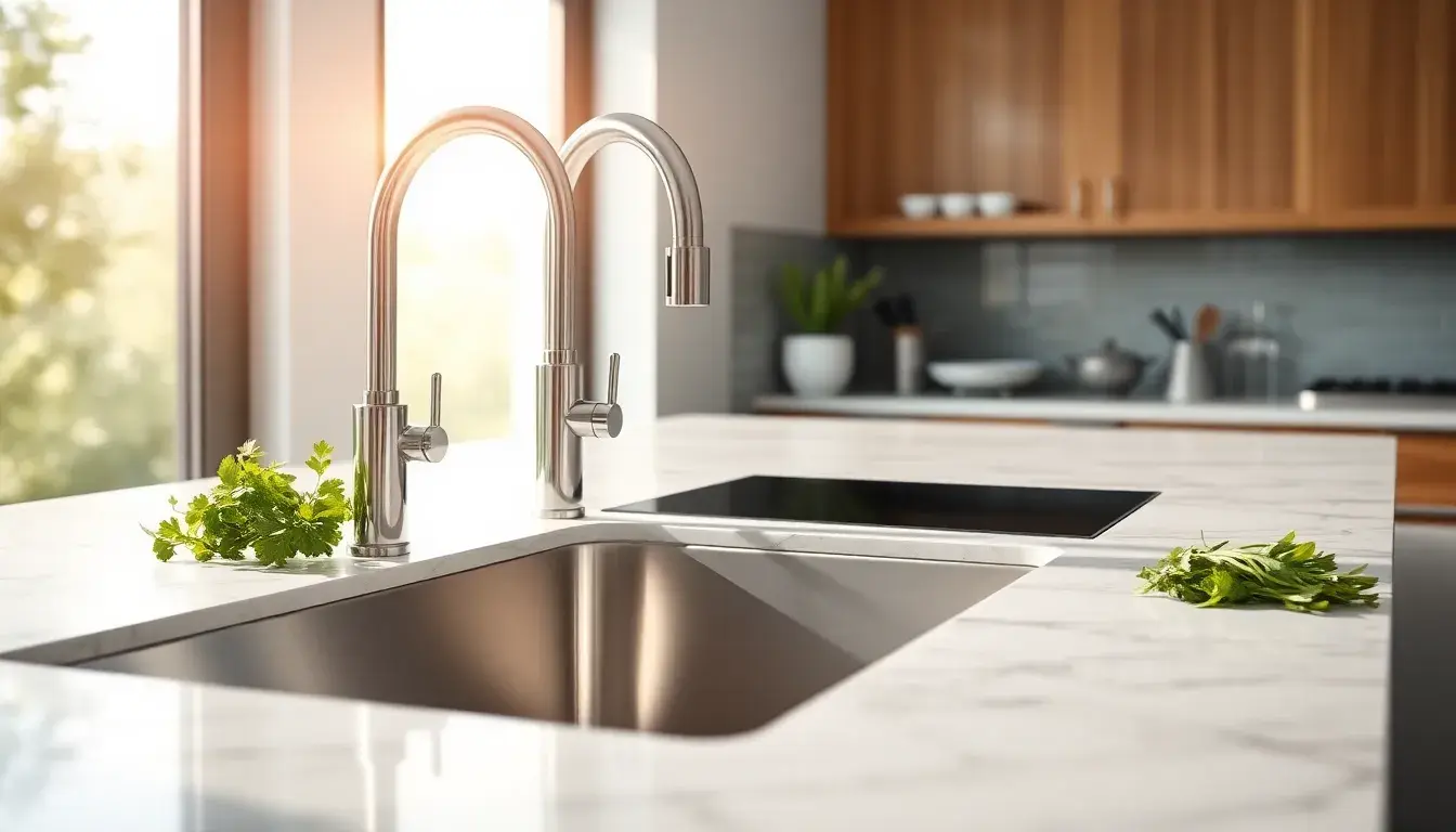 Évier cuisine moderne en inox avec robinetterie élégante sur plan de travail en marbre