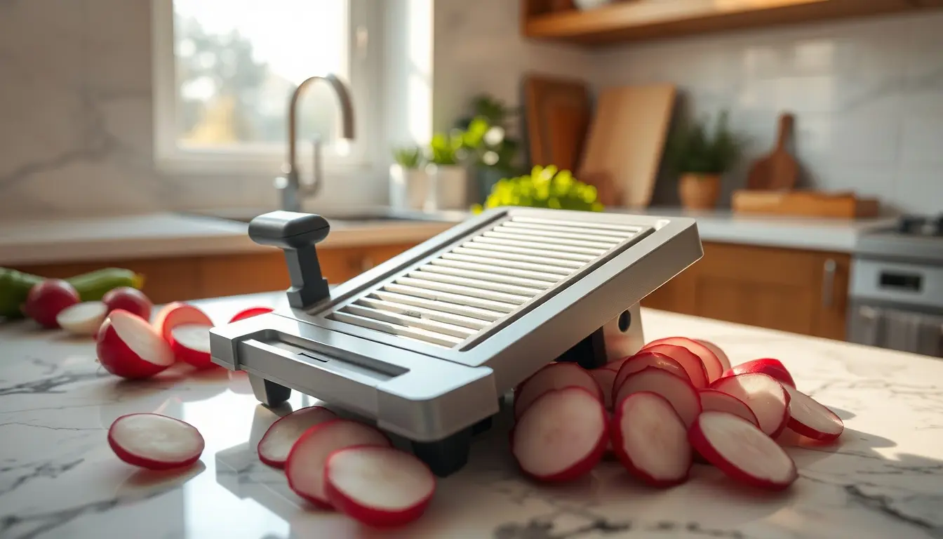 Mandoline cuisine réglable sur un plan de travail en marbre avec légumes tranchés