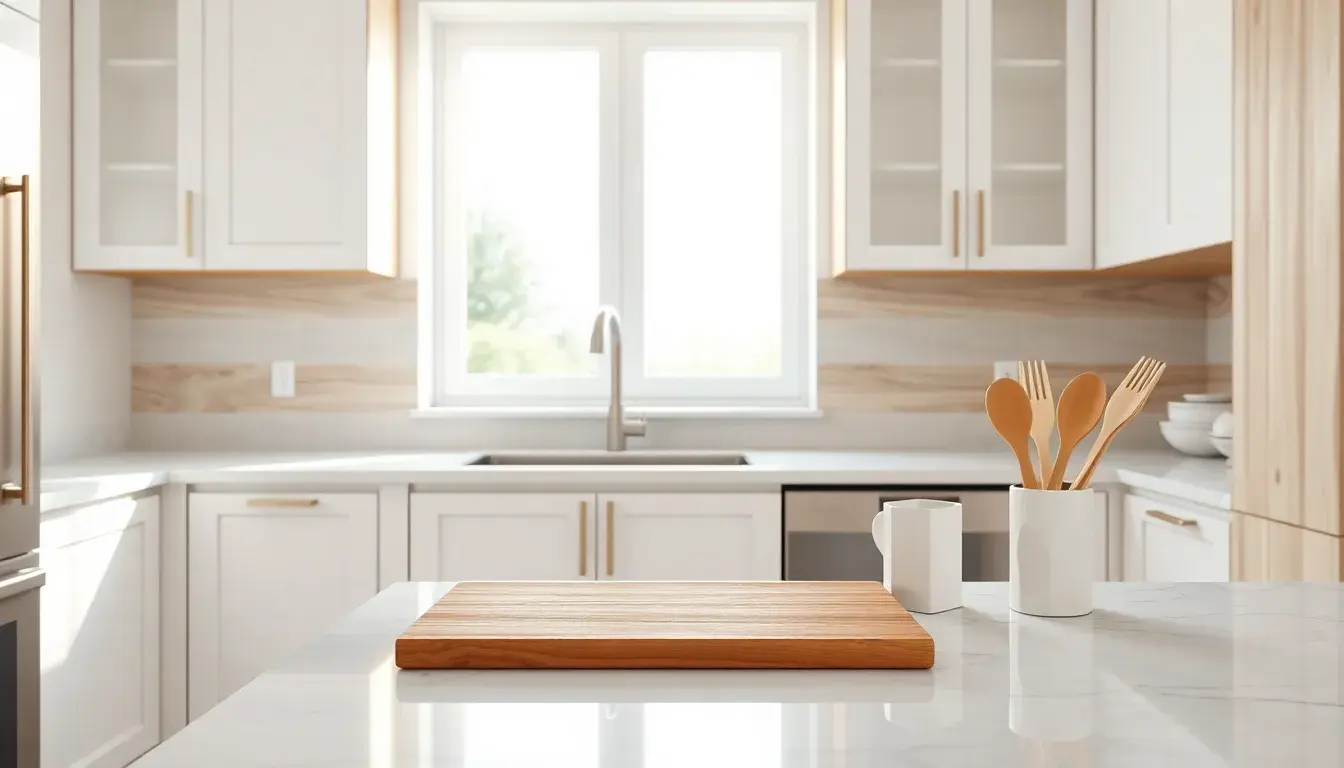 Cuisine moderne lumineuse style bois et blanc avec accessoires naturels sur plan de travail