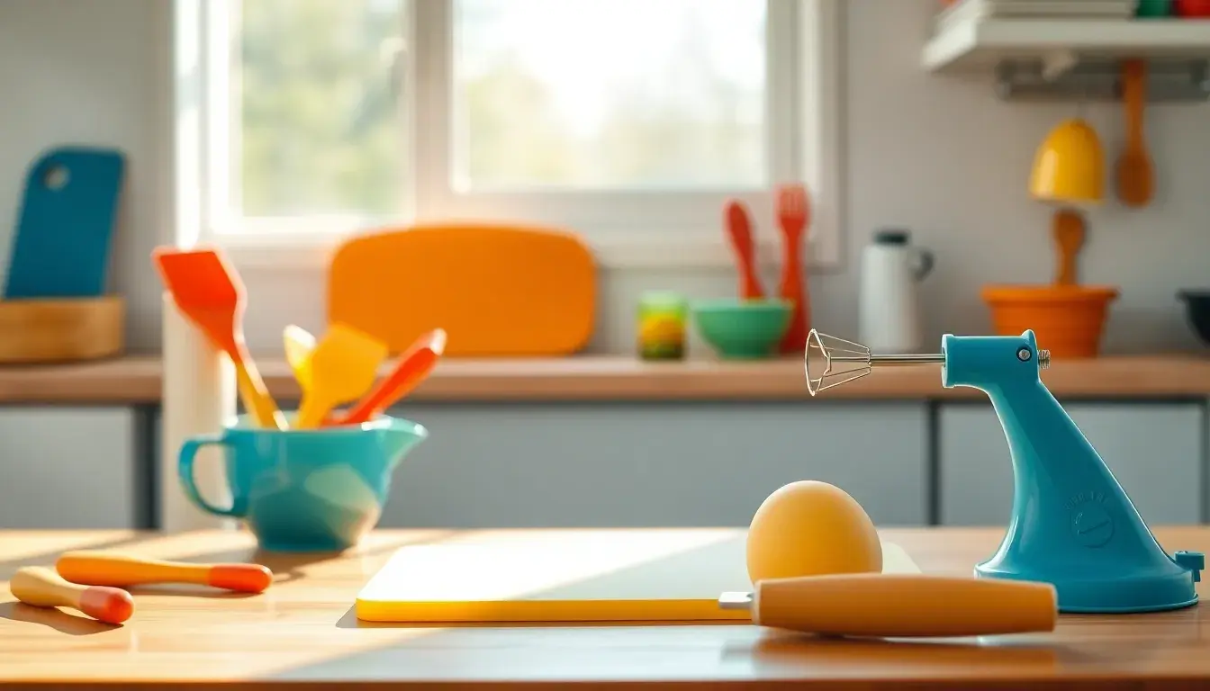 Ustensiles de cuisine enfants colorés et sécurisés sur un plan de travail en bois ensoleillé
